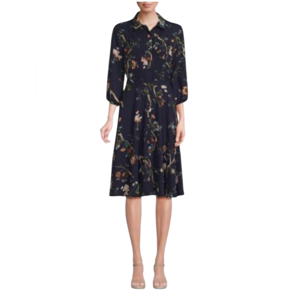 Nanette Lepore Button Front Tie Waist Floral Print Navy Blue Shirt Dress Size 6